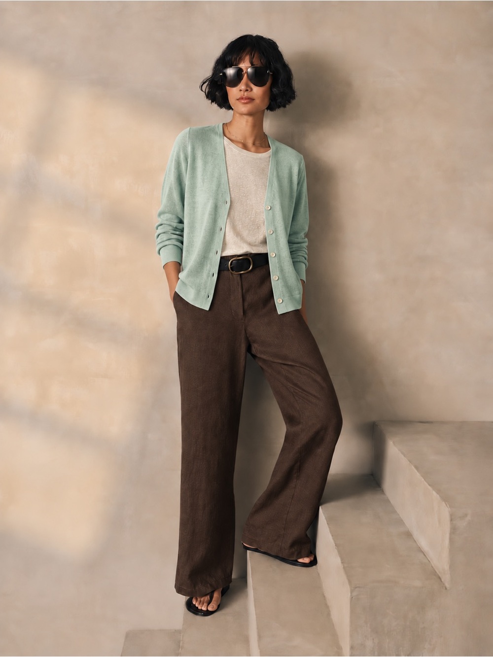 Eileen Fisher Mint Green 100% Linen Button Front Cardigan Sweater Medium